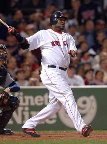David Ortiz, also known as Papi, from the Red Sox holding a baseball bat while on the field